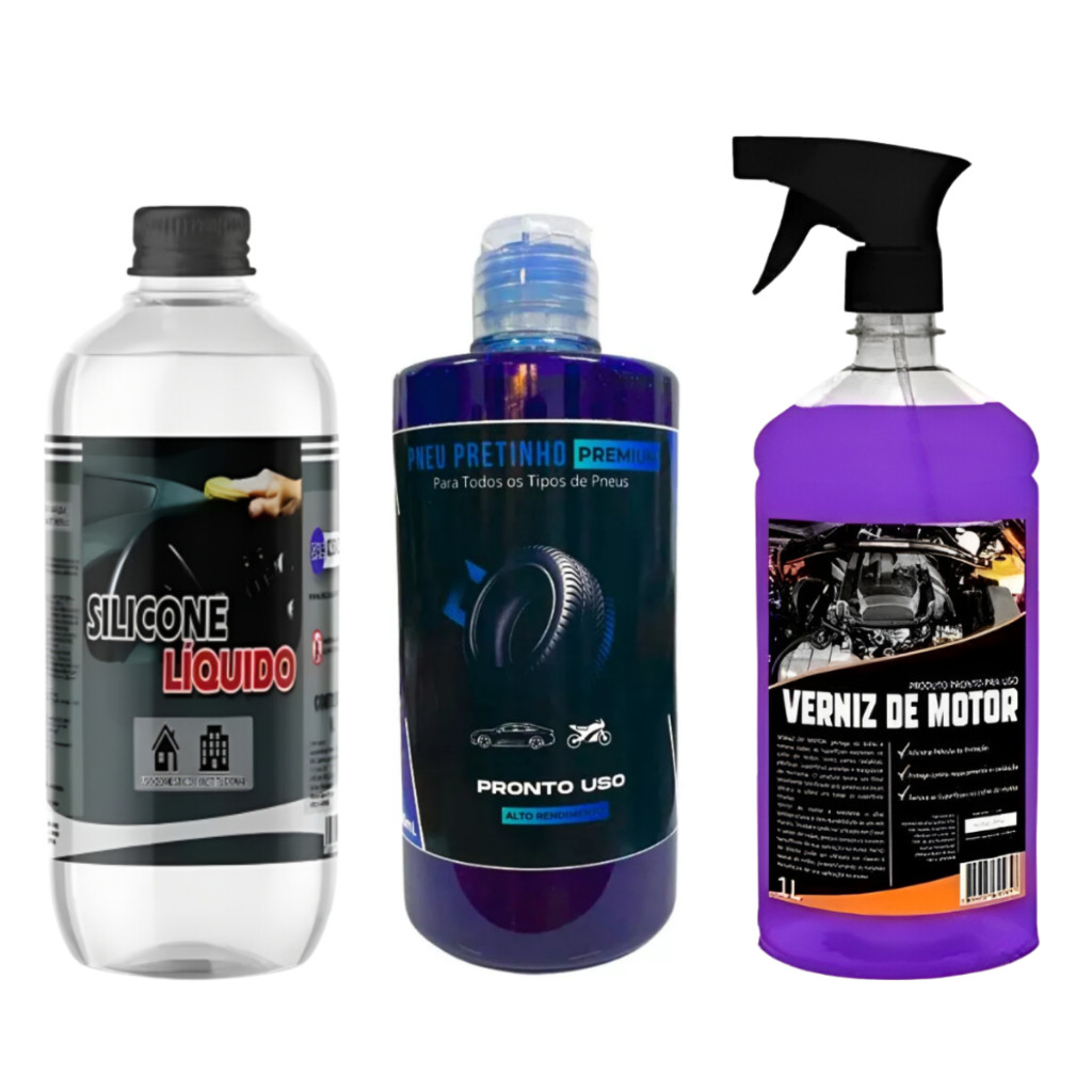 Kit Finalizador de lavagem Pretinho+Silicone Líquido+Verniz para motor e caixa de roda e chassis 1L
