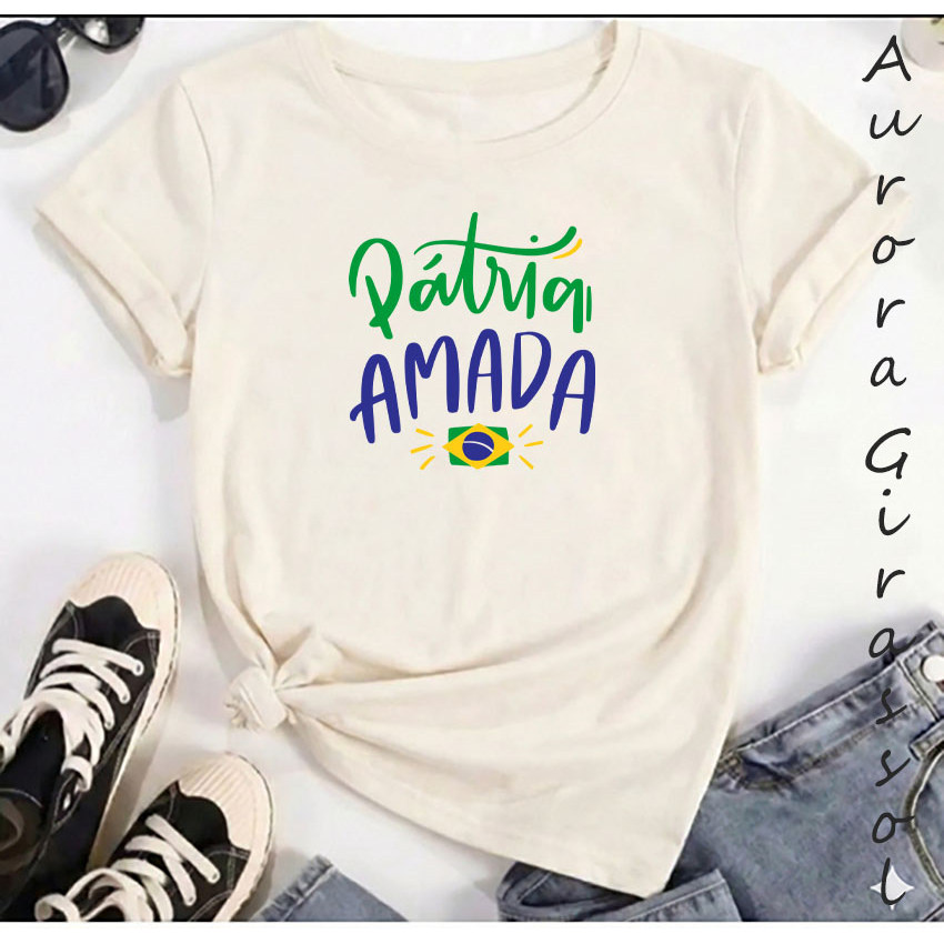 Camiseta Patria Amada Brasil Bandeira Pais Do Futebol Camisa Feminina Algodão