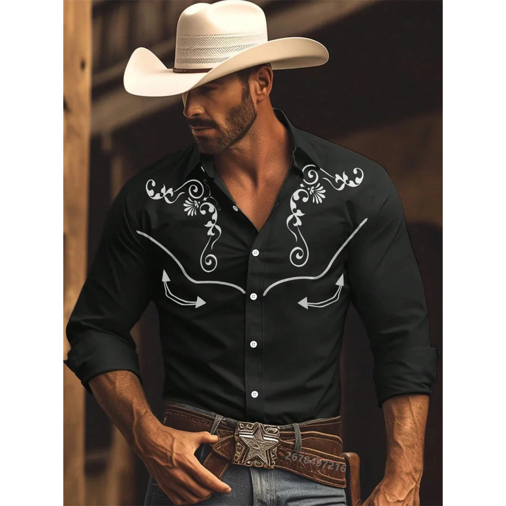 Nova Camisa Masculina De Manga Comprida , Estampada Com Padrão vintage Estilo cowboy Ocidental , top Masculino Moderno L