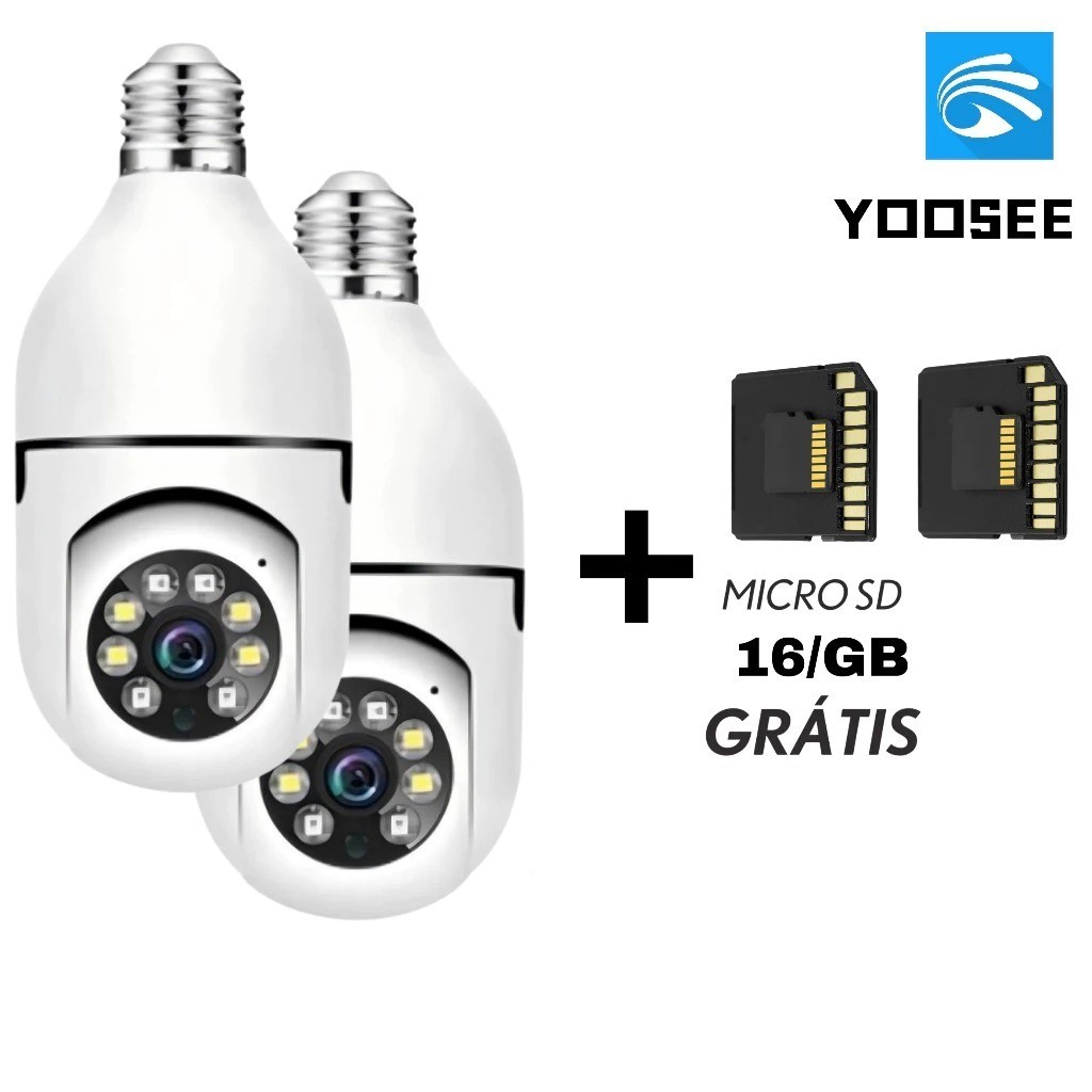 KIT 2  Câmera Lâmpada Wifi Giratória Segurança Full HD + 2 Micro SD 16GB