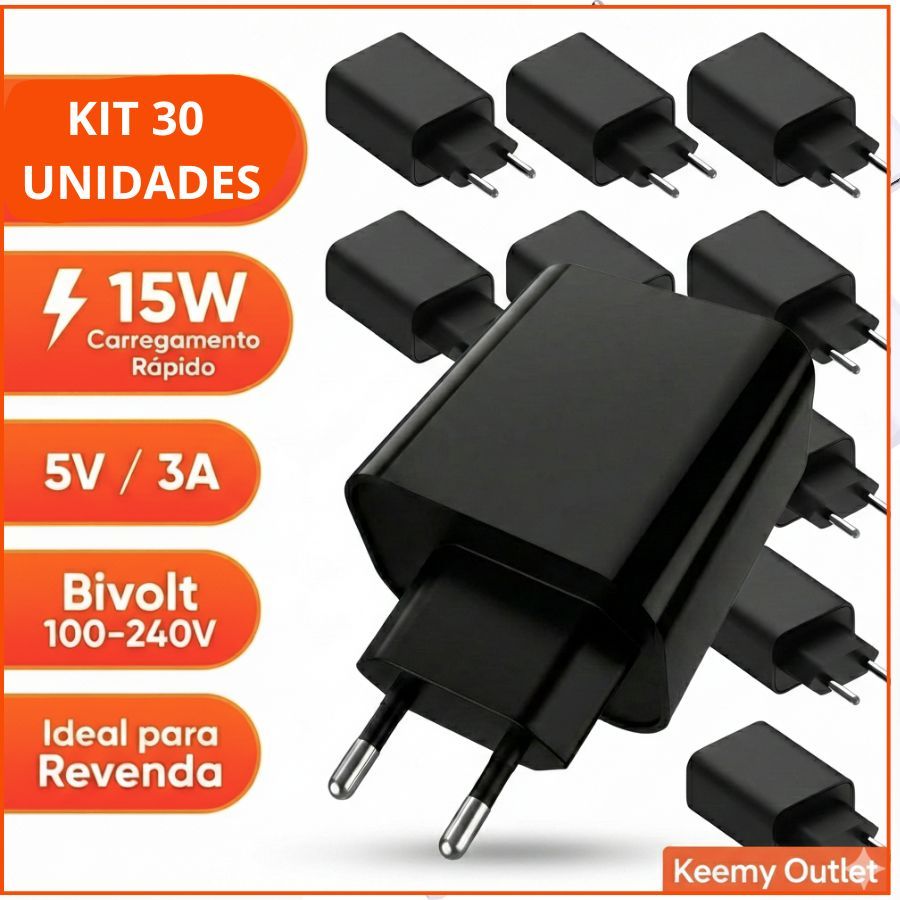 kit 30 unidades carregador Carregador Tomada  Plug Adaptador Fonte Usb 5V Bivolt.