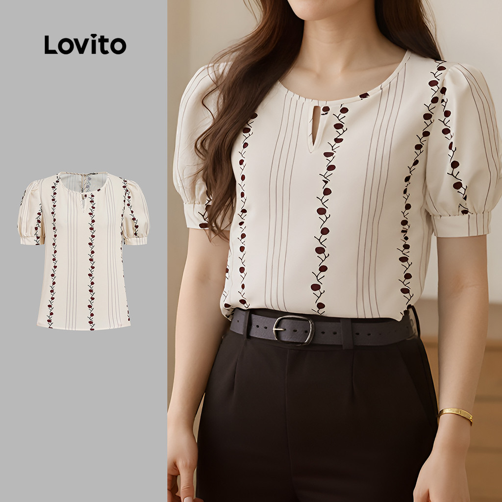 Lovito Elegante Blusa com Sensação de Linhas Padrão Corte Vazado Blusa Primavera/verão para Mulheres L172ED1687