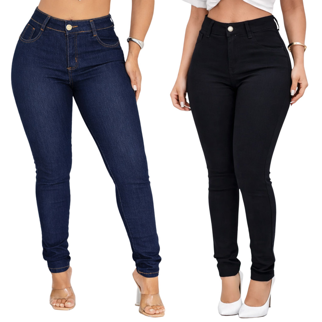 Kit C/2 Calças Jeans Skinny Feminina com Elastano Efeito Empina Bumbum