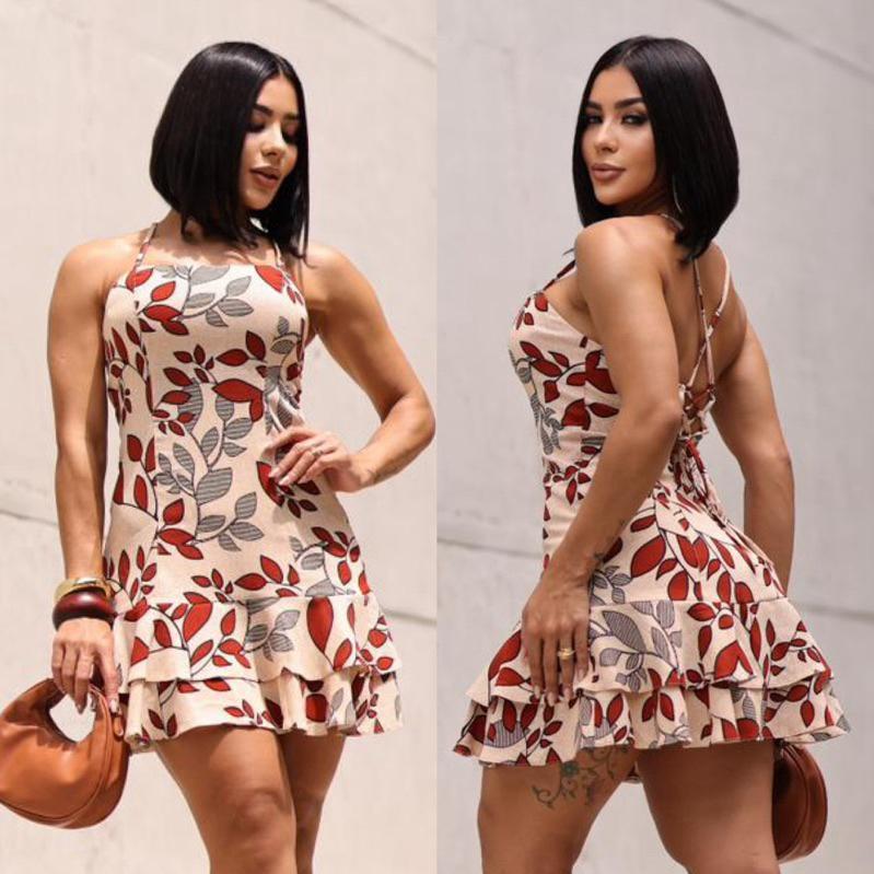 Vestido feminino Curto Soltinho Dois Babados Alças Ajustáveis Feminino Moda Elegante Lançamento Romântico Leve, Charmoso — imagem 2 de 2