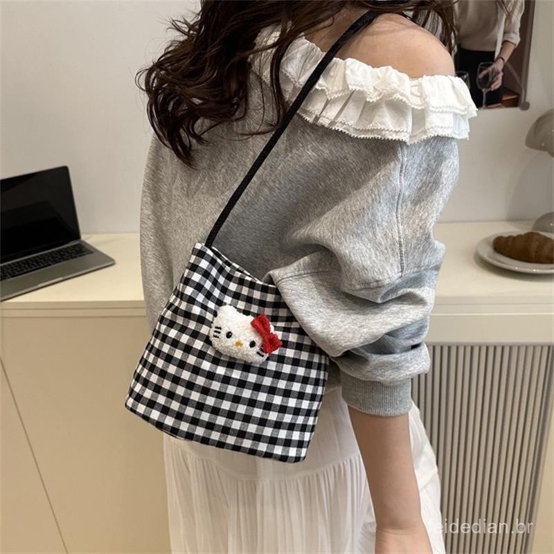 [largeloohg] Bolsa De Ombro Xadrez Fofa Sanrio Hello Kitty De Grande Capacidade KT Cat Feminina Lona Doce Moda Viagem Bo