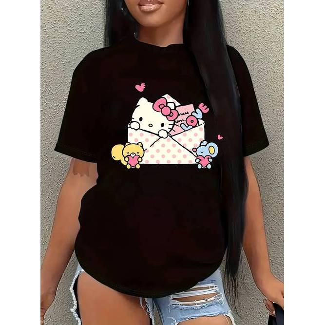 「BR.Moonlight」Camiseta Hello Kitty Laço Rosa Estampa Fofa Divertida Confortável Moda Feminina Casual