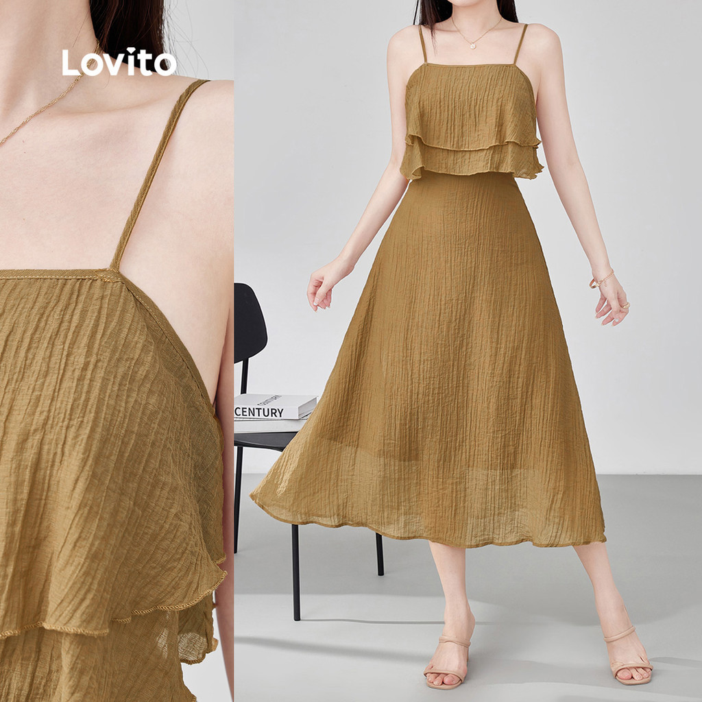 Lovito Vestido Casual com Babado Barra de Babado Primavera/verão Calças Caqui para Mulheres L143ED128 em Oferta na Shopee