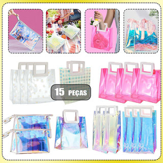 Kit 15 Reutilize Sacos De Presente Plástico Pvc,Saco de Compras Rosa/Azul/Floral Transparente/Xadrez azul e branco
