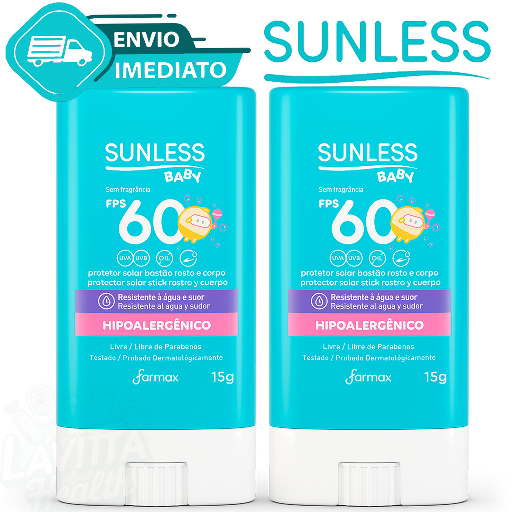 Kit C/2 Protetor Solar Baby Bastão Bebê Toque Seco Alta Proteção Fps60 15G Sunless Envio Imediato