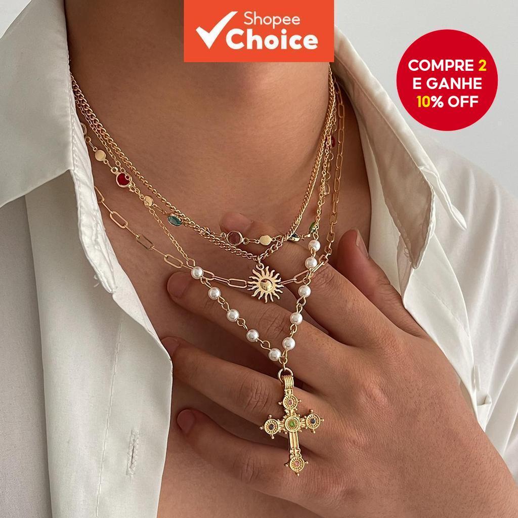 Novo Conjunto de 4 peças de Colar de Cristal Girassol em Cruz Y2K para Mulheres, Joias em Camadas Tendência, Presente.