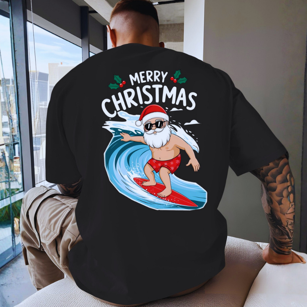 [Camiseta Premium em Algodão Puro]GXG Oversized Camiseta Natal Papai Noel Surfista Moda Presente Merry Larga