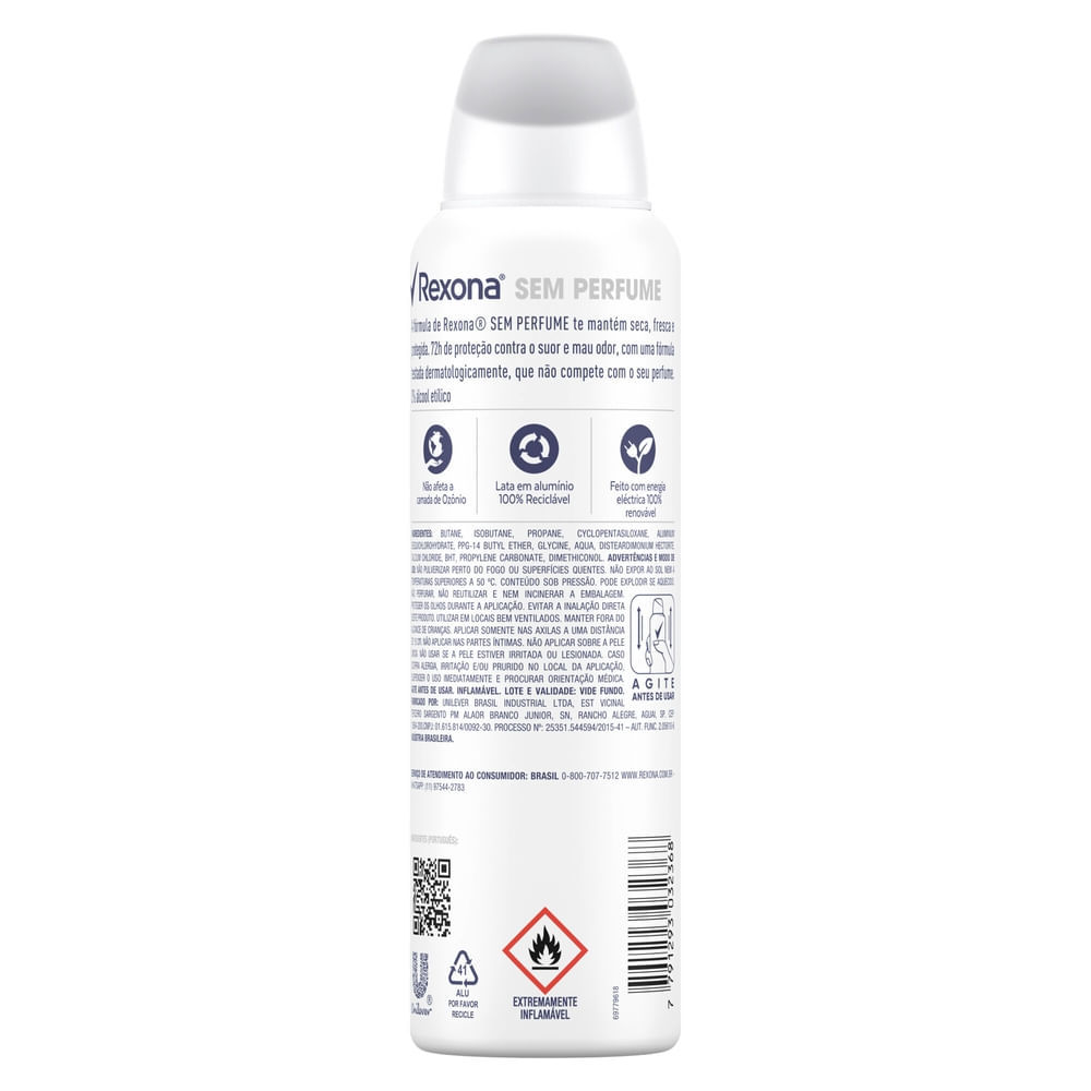 Detalhes do Desodorante Rexona Sem Perfume Aerosol Antitranspirante 72h 150ml