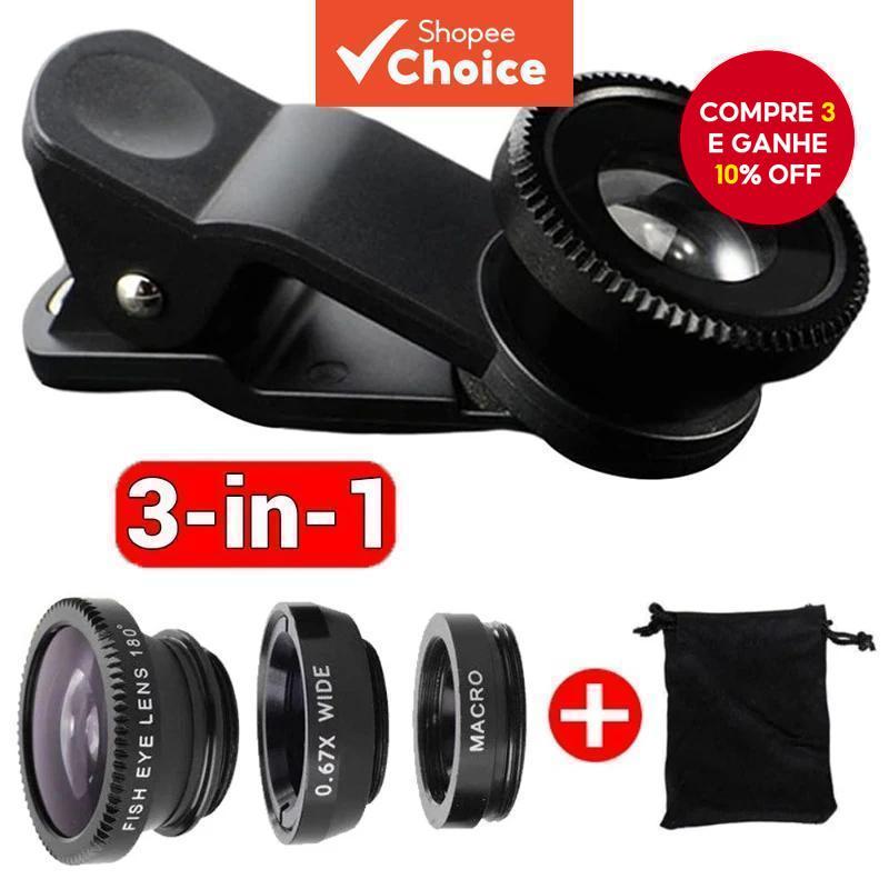 Lente Micro 3 em 1 Grande Angular Fisheye para Iphone Xiaomi Redmi, Lente Zoom Fisheye 3 em 1 para Smartphones com Clipe