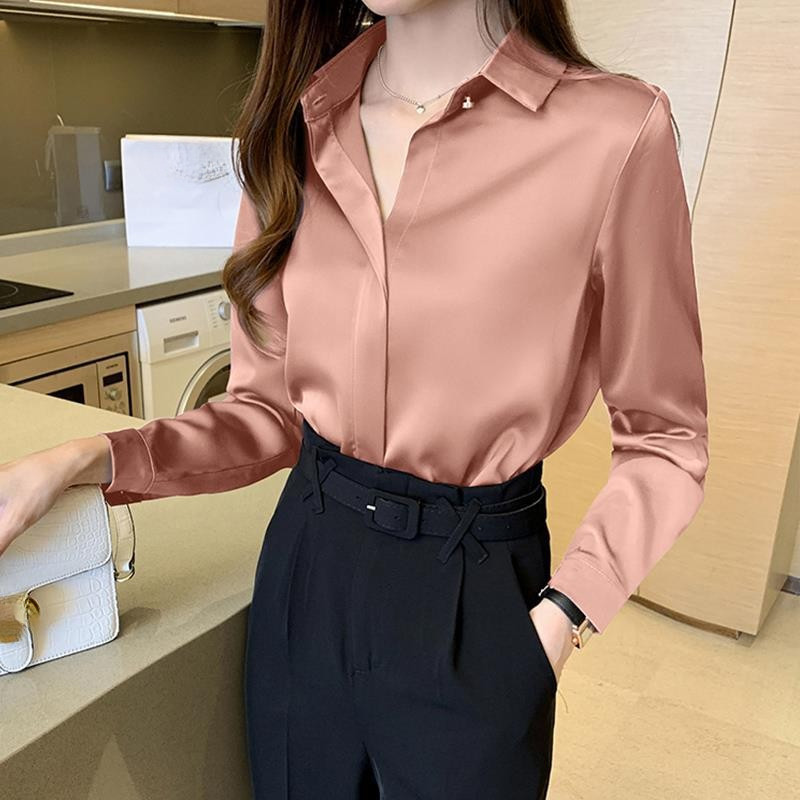 Camisa elegante de cetim para mulheres, design exclusivo, blusa de manga comprida com efeito emagrecedor, novo estilo de