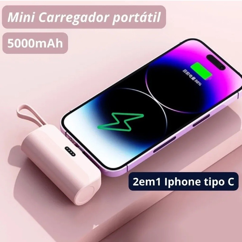 Mini Carregador Portatil Power Bank Sem Fio 2 em 1 Para Celular IPhone e Tipo-C em Oferta na Shopee