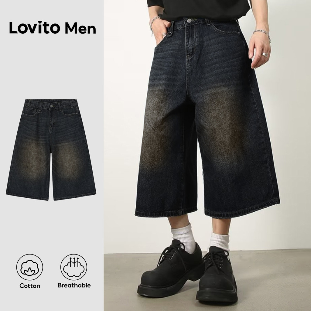 Lovito Men Shorts de Ganga Casuais Bolso Lavado Primavera/verão Azul Escuro para Homens LNE138195 em Oferta na Shopee
