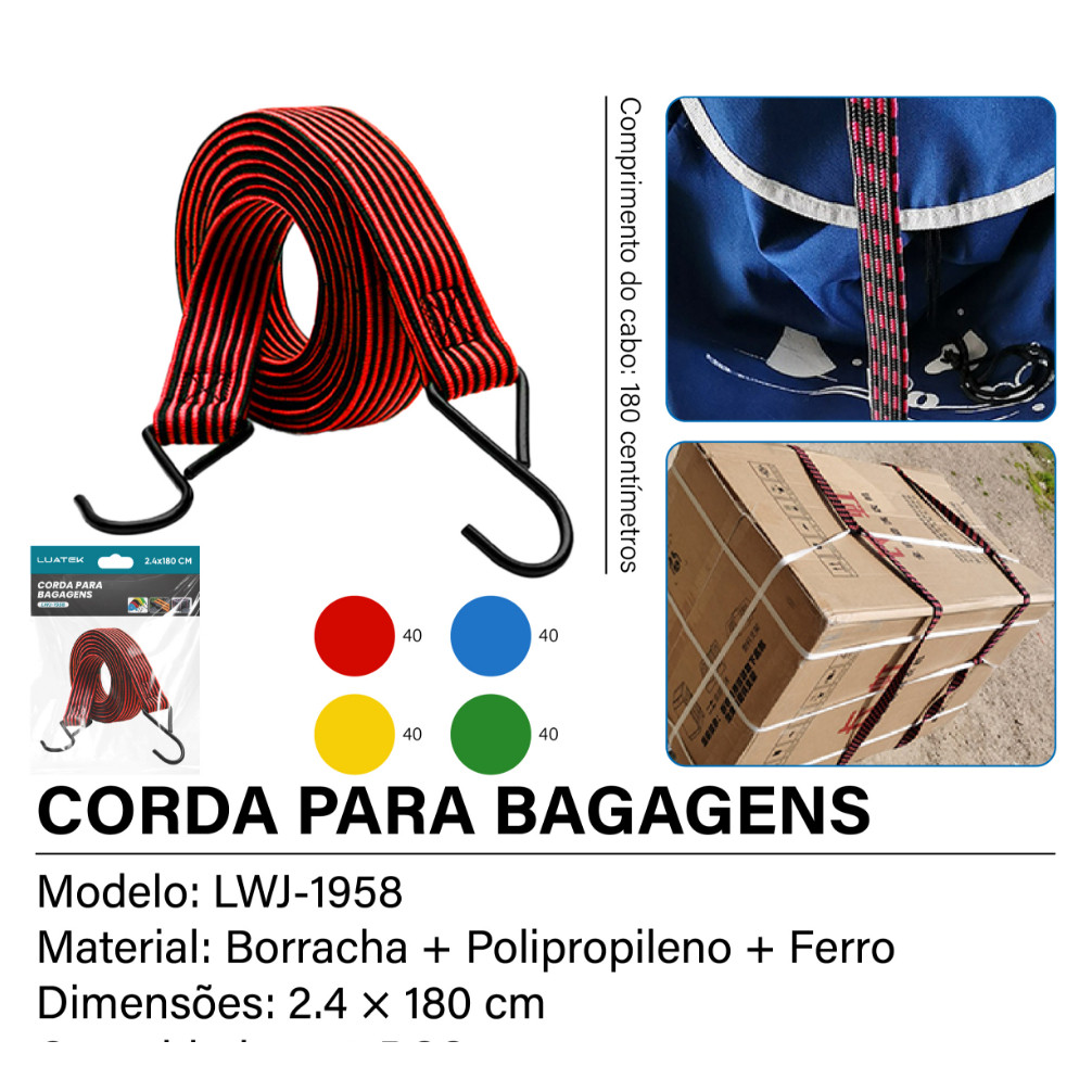 Elástico Corda Amarração Extensor para Carga com Gancho 2.4 x 180 cm LWJ-1958