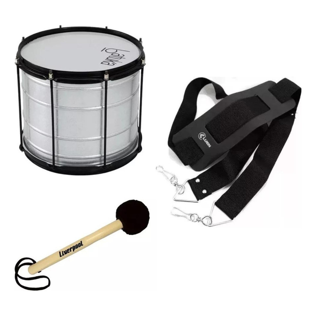 Kit Surdo Batuka Talabarte 2 Ganchos Baqueta Maçaneta Preta
