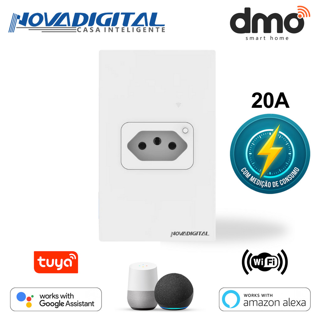 Tomada Inteligente Wifi 20A 4x2 Medidor Energia Embutir Tuya Alexa NOVADIGITAL T20A Google Automação