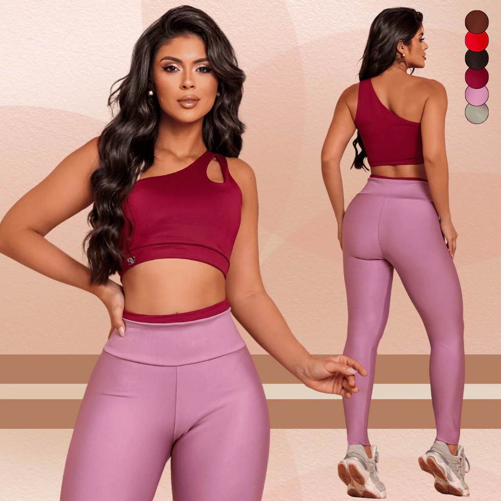 Conjunto Fitness Feminino Legging Cintura Alta Top Um Ombro Só SemTransparência Levanta Bumbum — imagem 1