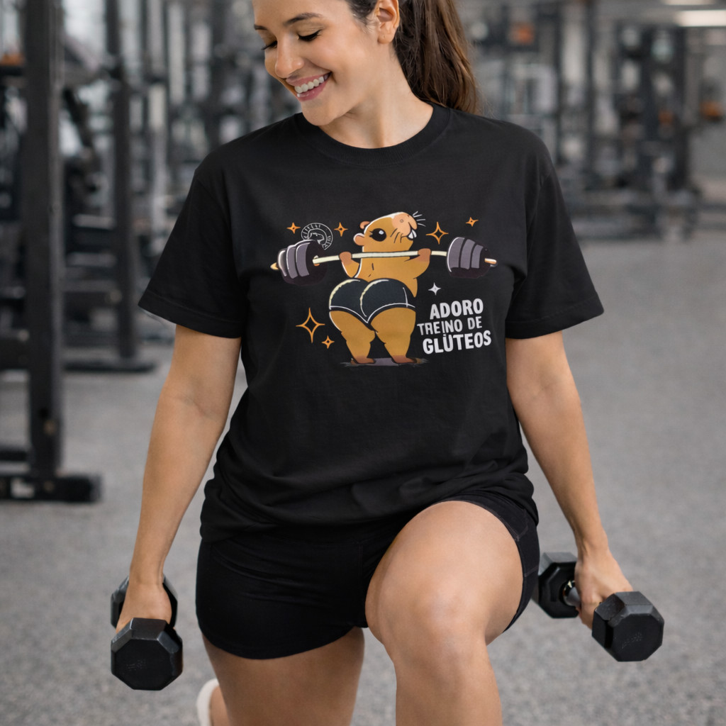 Camiseta Academia Feminina Estampa Fitness Engraçada Algodão Confortável Capivara