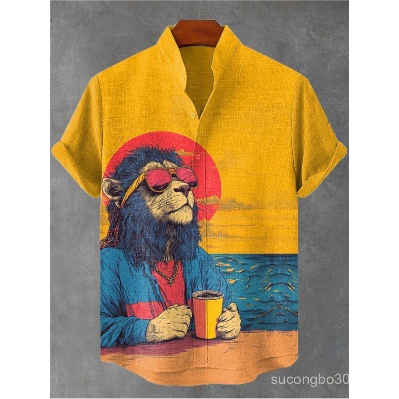 Camisas masculinas de verão com estampa de plantas tropicais, camisas de manga curta, férias casuais, camisas masculinas