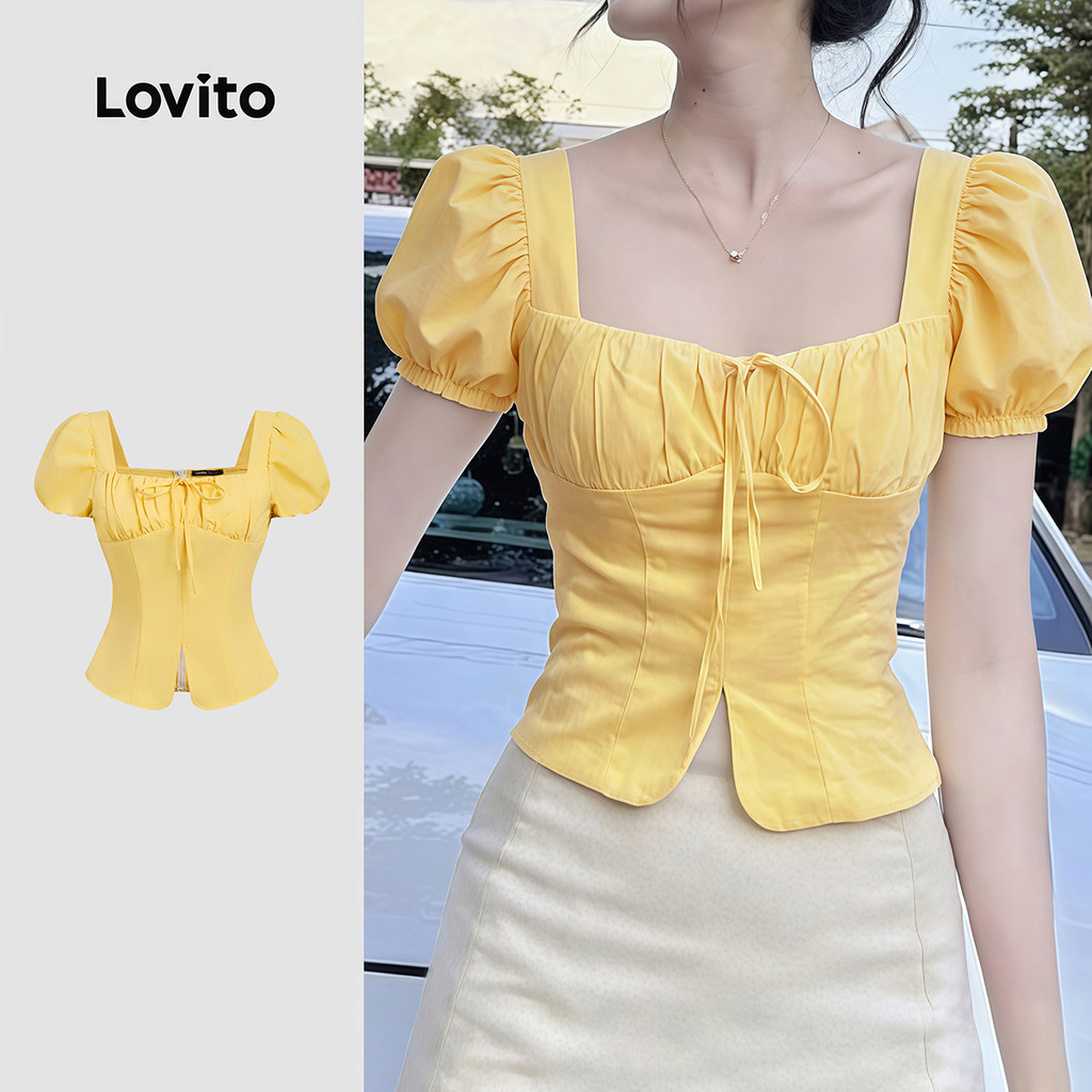 Lovito Blusa Casual Estrutura Linha Amarrar Pregas Primavera/verão Blusa Amarela para Mulheres LK4ED1330 em Oferta na Shopee
