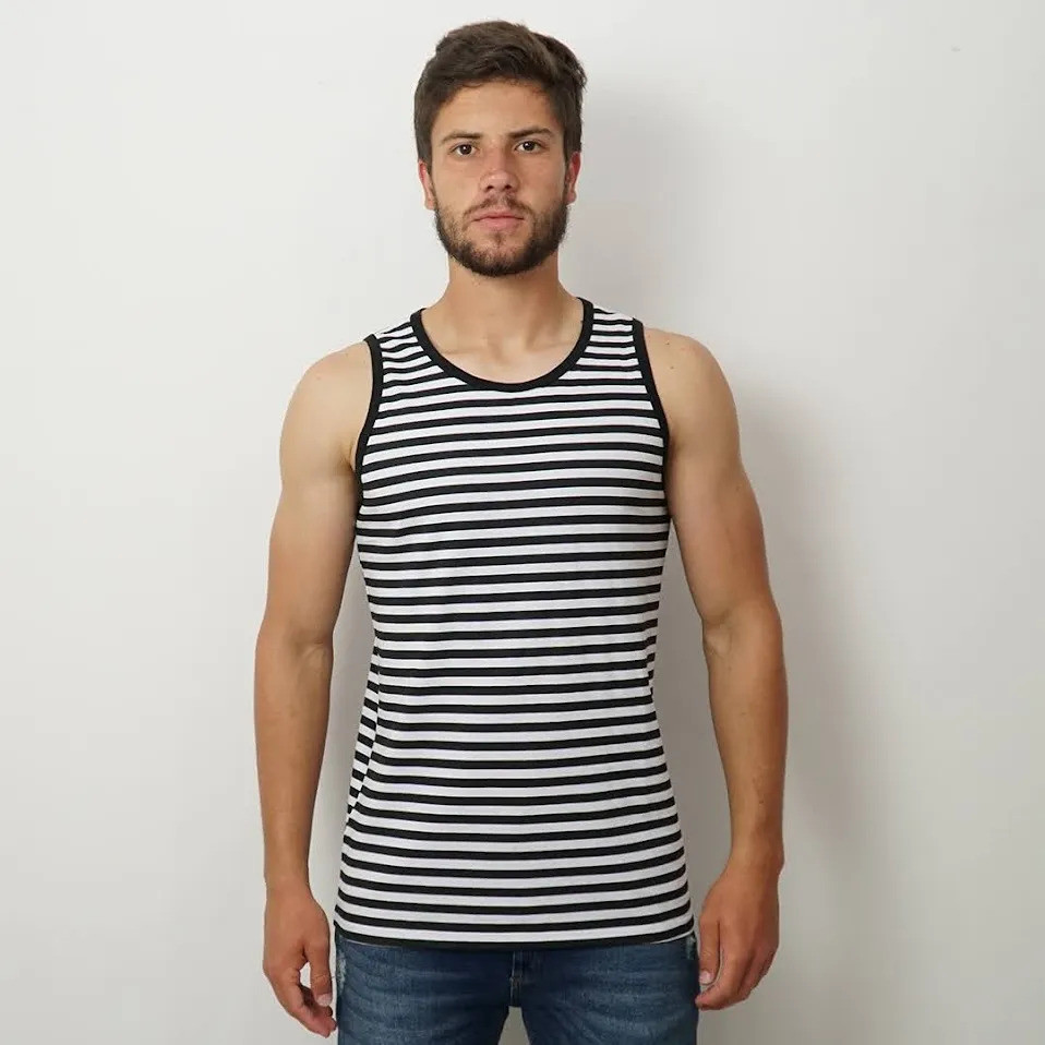Regata Masculina Slim 100% Algodão Listrada Básica & Confortável