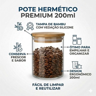 Pote Hermético de vidro 200ml Redondo Com Tampa em Bambu para temperos