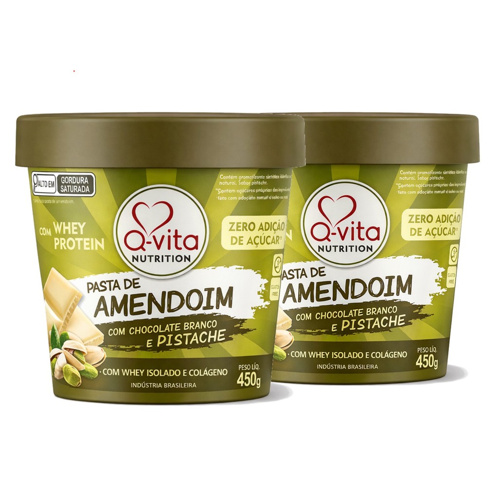 Kit 2 Pasta de Amendoim Choc. Branco e Pistache QVITA 450g