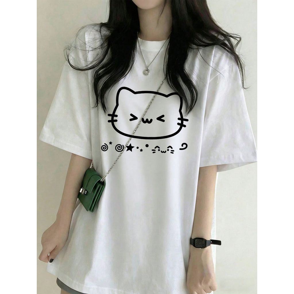 「Cute Girl」Camiseta Feminina Loose Fit Gato Cartoon Lettering Estampa Branca Confortável Fofa Divertida Casual Verão