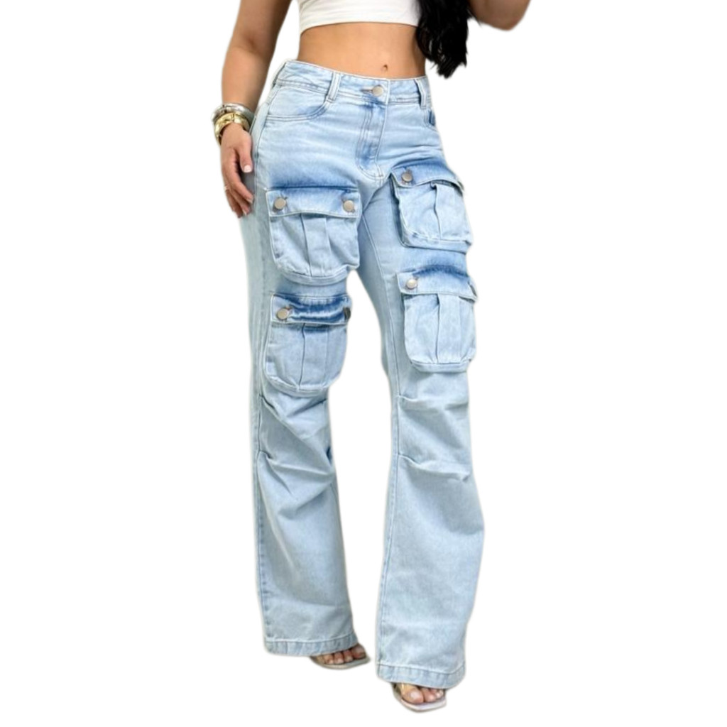 Calça Jeans Feminina Wide Leg Cargo Marmorizada Cintura Alta – Pantalona Boca Larga, Moderna, Confortável, Estilo Blogue