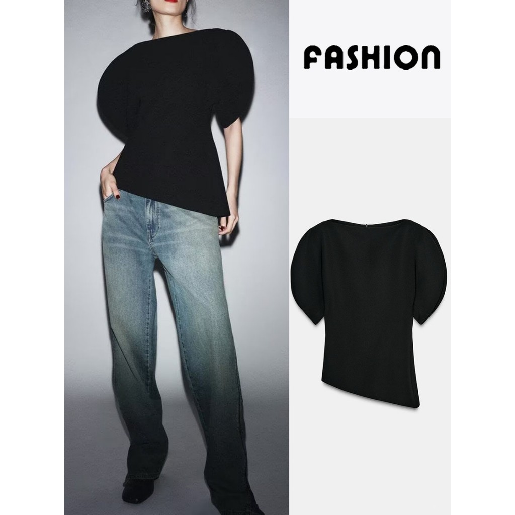 ZA Novo Produto Moda Feminina Simples All-Match Confortável Gola Redonda Puff Manga Curta 9505198 800