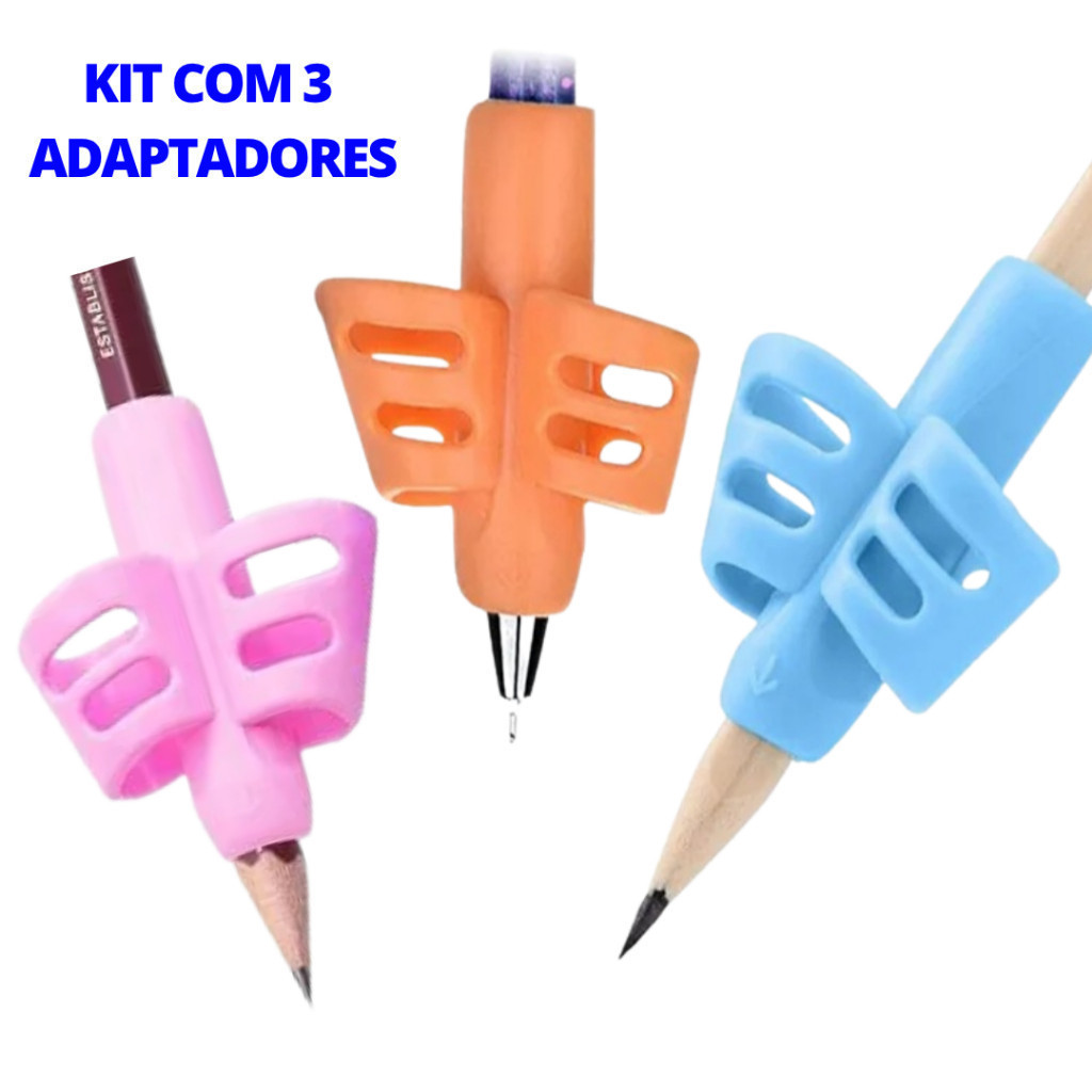 Kit 3 Adaptadores para Lápis Ergonômico para Escrita Apoio 2 Dedos Encaixe Infantil Corrige Pegada Escrita Autista TDAH