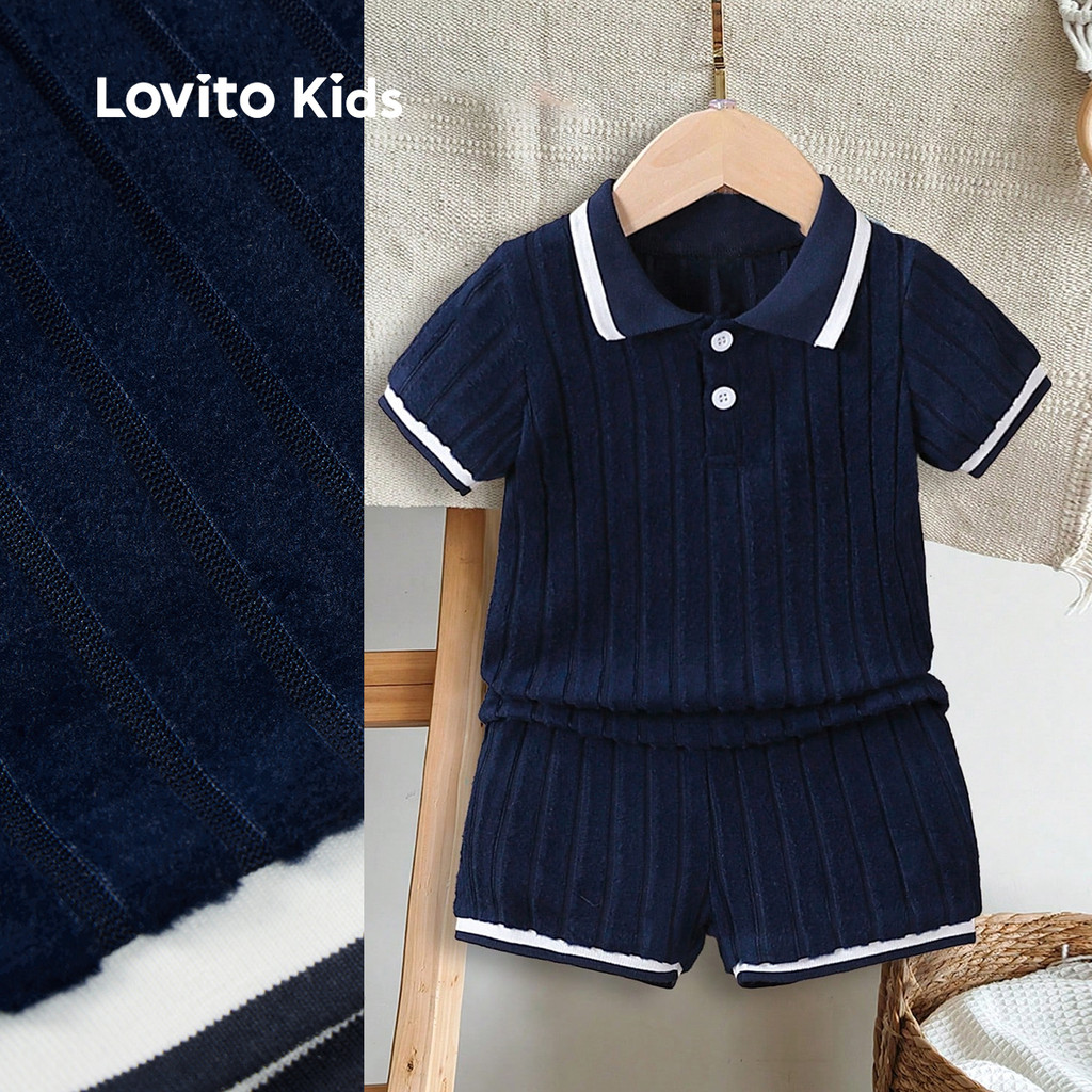 Lovito Kids Conjunto de Bermuda Casual com Fita de Contraste Primavera/verão Azul escuro L162LD218 em Oferta na Shopee