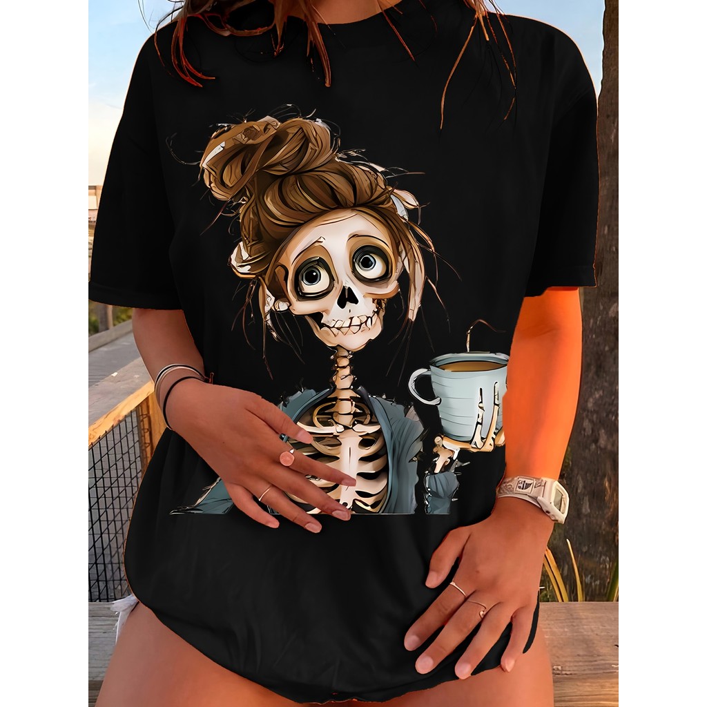 Camiseta Unissex Masculina e Feminina Skull Café Retrato Estampado Redonda Básica Confortável Linda Moderna Primavera Ve