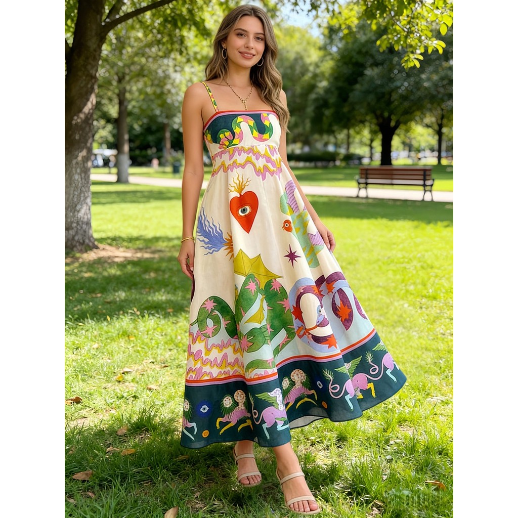 Vestido Longo de Festa Feminino Boho com Estampa Pop Art Camisole Costas Nua Elegante Moda 2026 QUALY em Oferta na Shopee