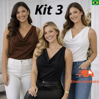 KIT 3 Blusa Gola Boba Feminina Regata Drapeada Suplex Premium Elegante Zero Transparência