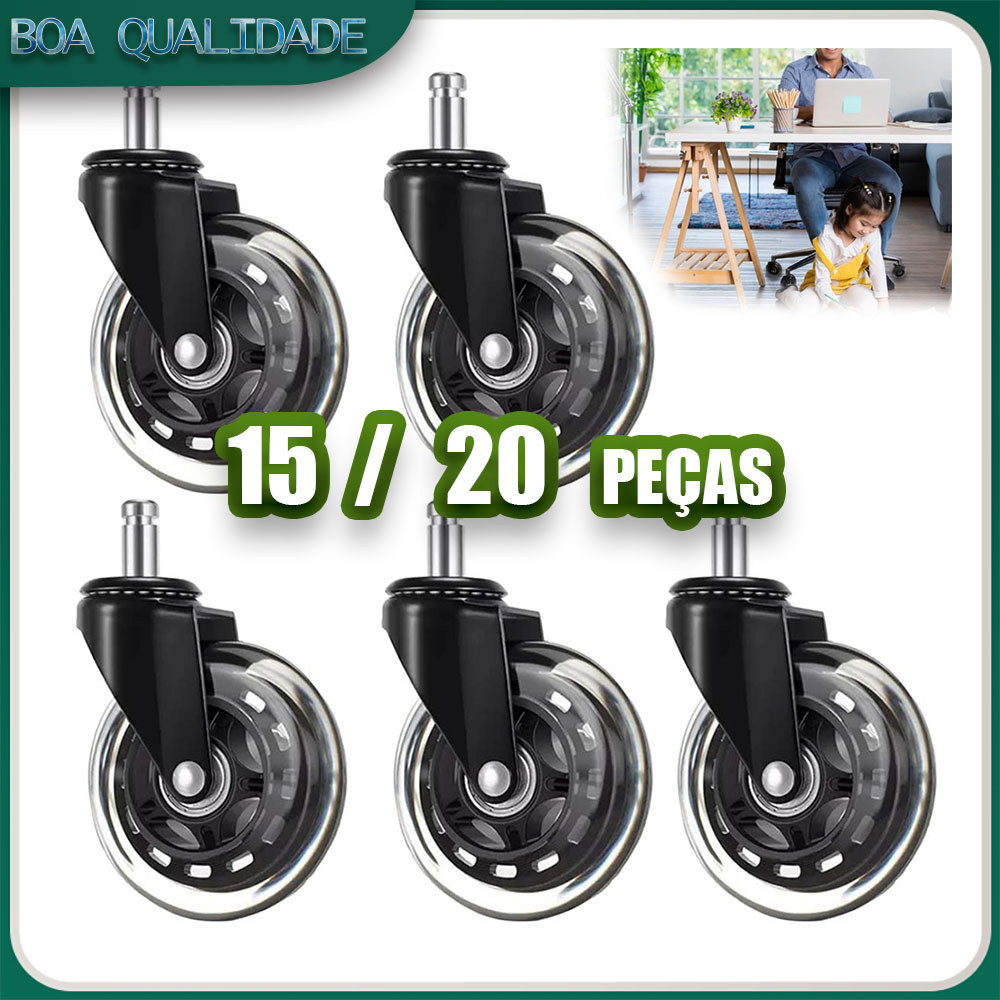 Kit 15/20 Preto Rodízio para cadeira de escritório rodízio giratório silencioso para pisos de azulejo madeira e carpete