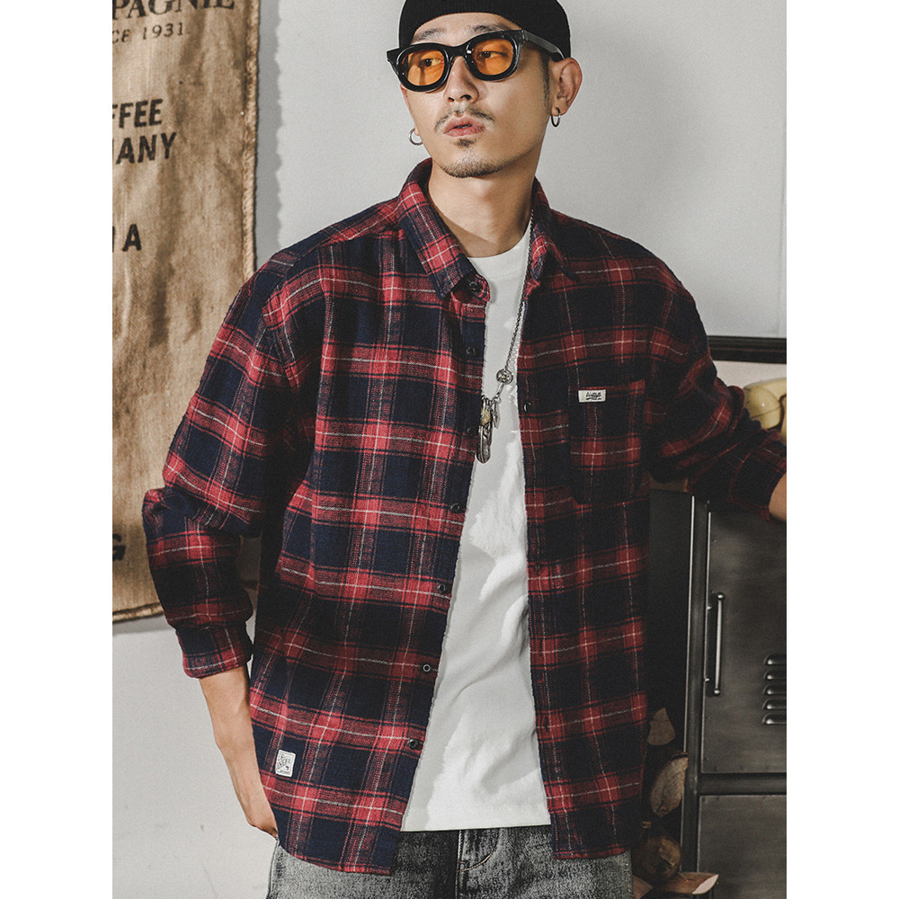 Gerino americano clássico xadrez camisa masculina manga longa primavera solta na moda Casual japonês Retro camisa jaquet
