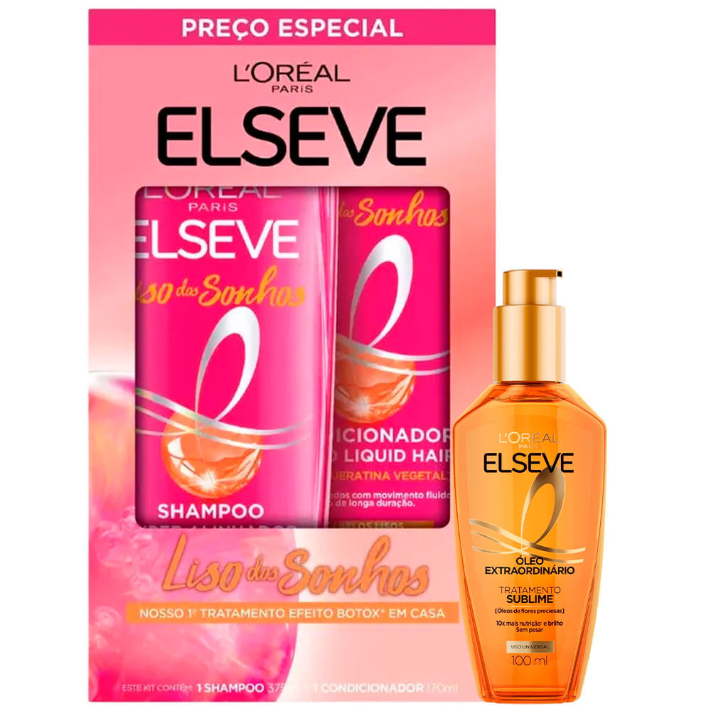 Kit Elseve Shampoo 375ml e Condicionador 170ml Liso dos Sonhos + Óleo Extraordinário 100ml