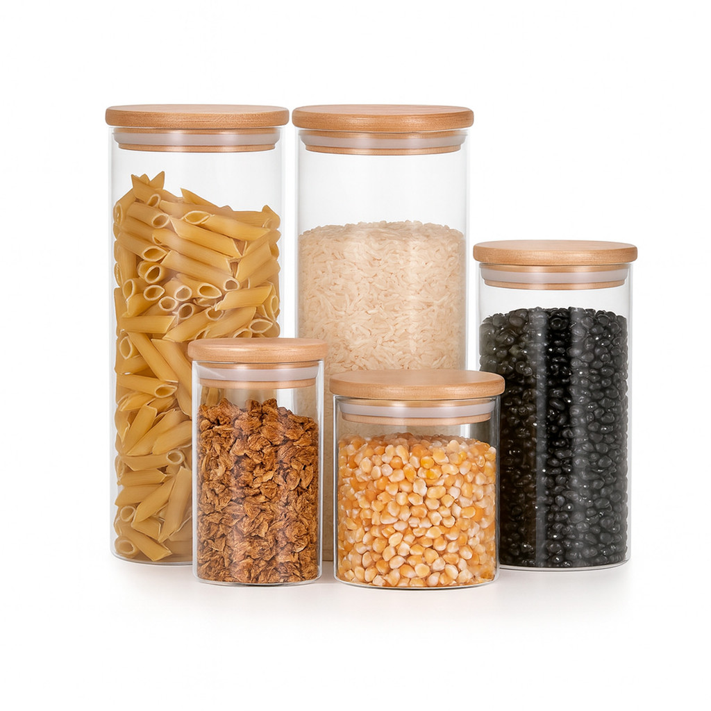 Kit 5 potes de vidro herméticos com tampa de bambu - Oikos