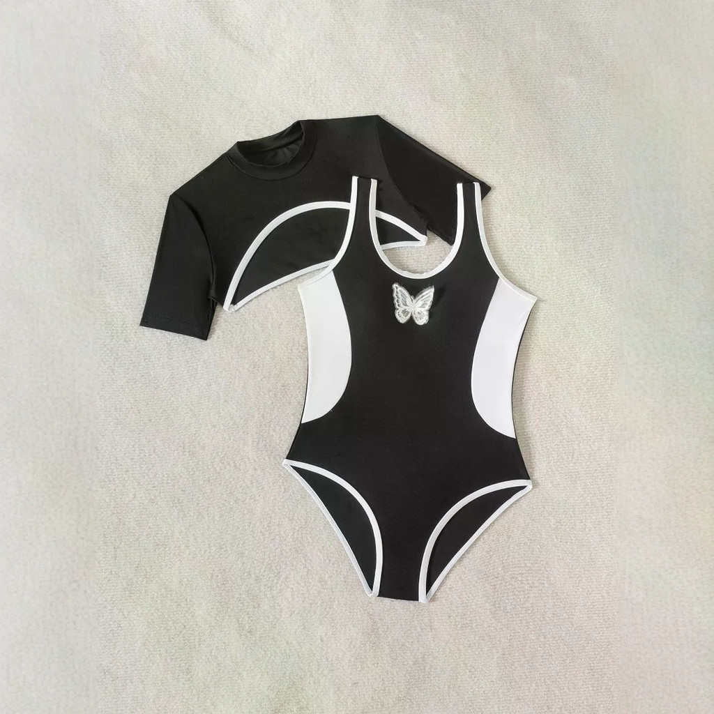 Maiô Preto de Uma Peça para Meninas com Mangas Curtas, Top de Cobertura, 7-12 Anos, Moda Praia Infantil 2025, Roupas par