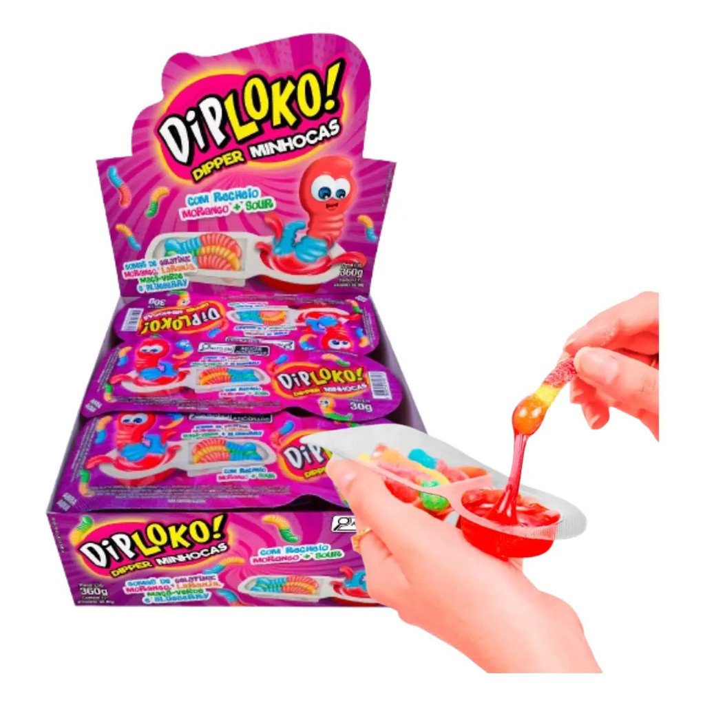 Bala De Gelatina Azedinha Minhoca C/gel Dip Loko Dipper C/12