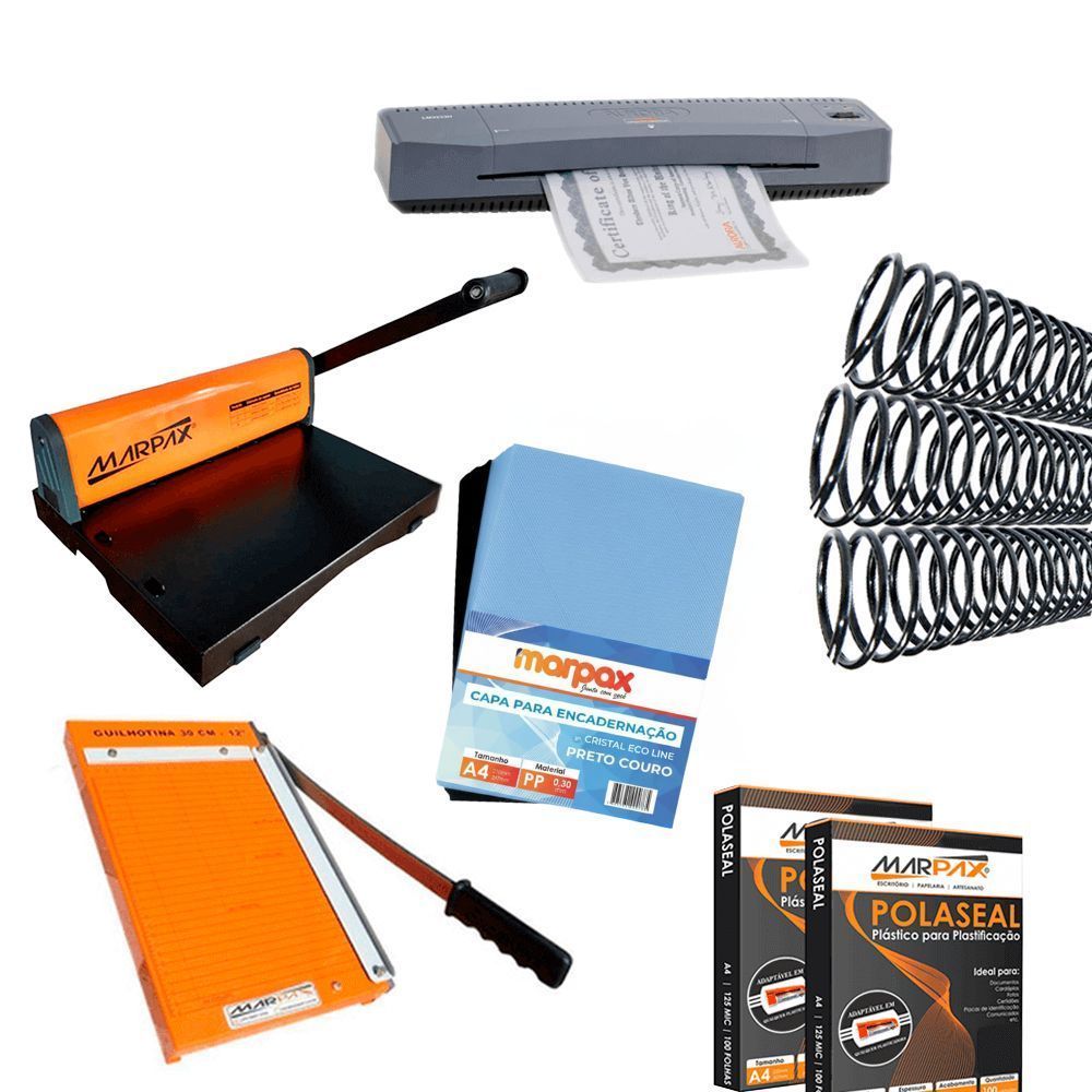 Kit Encadernadora, Guilhotina, Plastificadora, Insumos 110V