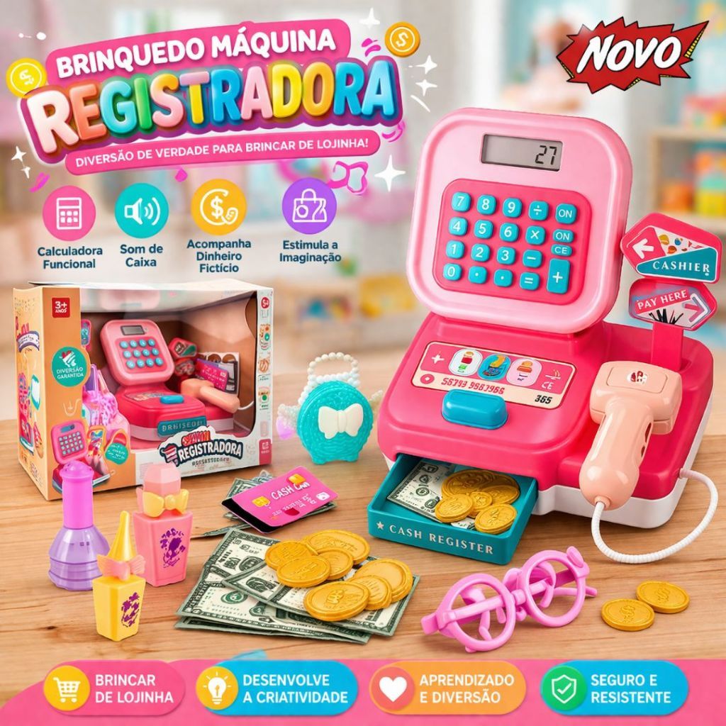 Máquina Registradora Infantil com Itens de Beleza Brinquedo Mercadinho Lojinha