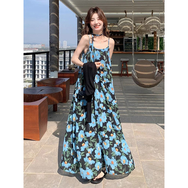 Vestido longo floral vestido feminino coreano francês férias à beira-mar azul floral estilingue vestido feminino 2026 es