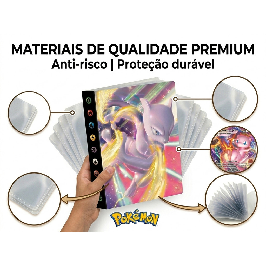 Álbum Fichário Pokémon Mewtwo e Mew Para 240 Cartas TCG 30 Páginas Estampas Ilustradas Coleção Premium