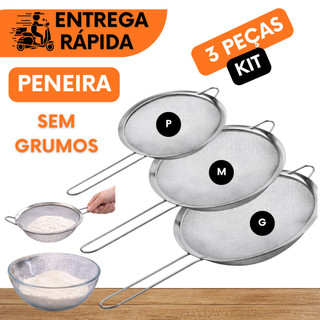 3 PENEIRAS PARA COAR SUCOS CHAS FARINHAS USO DOMESTICO E PROFISSIONAL TELA FINA NAO ENFERRUJA INOX