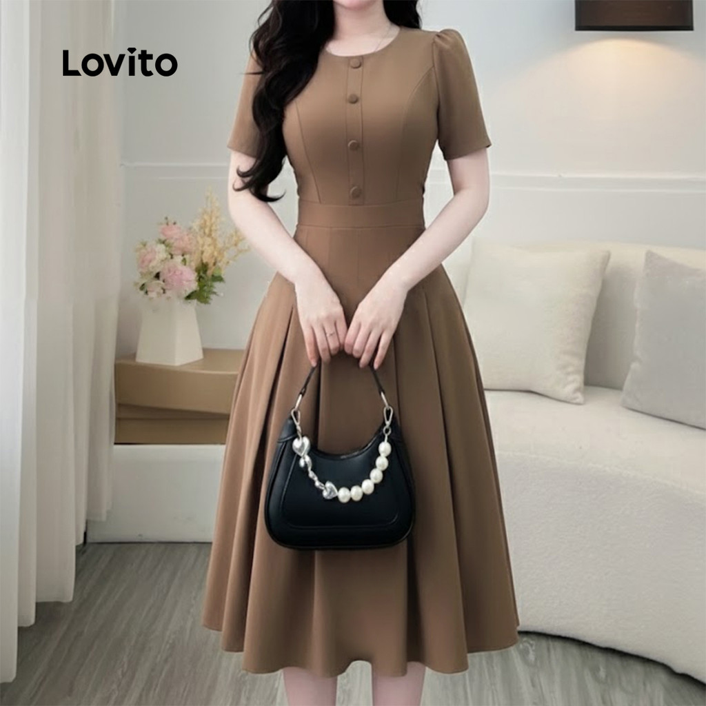 Lovito Elegante Vestido Pregueado Botão Primavera/verão Marrom para Mulheres L164ED198 · foto 2